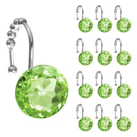 Sunlit Luxury Design Round Sage Green Diamond Crystal Gem Bling with Glide Balls Shower Curtain Hooks, Rust Proof Metal Rhinestones Glam Shower Curtain Rings-12 Pack