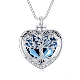 TOUPOP Heart Tree of Life Urn Necklace for Ashes 925 Sterling Silver Cremation Jewelry with Blue Heart Crystal w/Funnel Filler Memorial Jewelry Gifts for Women