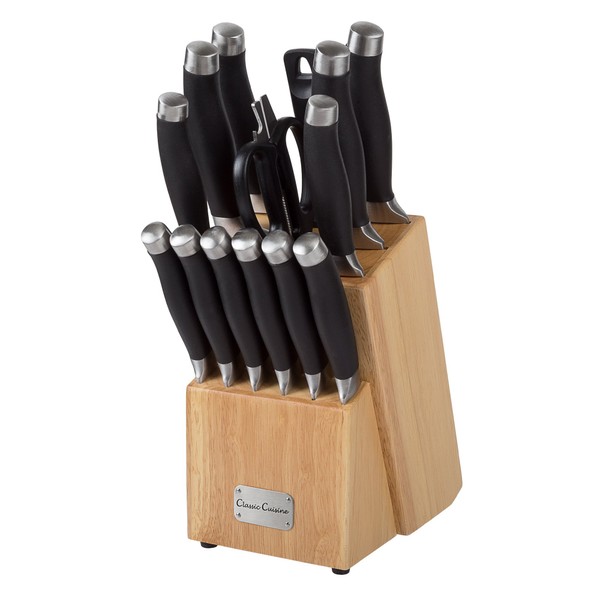 Professional Quality 15 Piece Stainless Knife Set with Shears Sharpener Chef Bread Santoku Filet Paring Steak Knives and Wood Block by Classic Cuisine