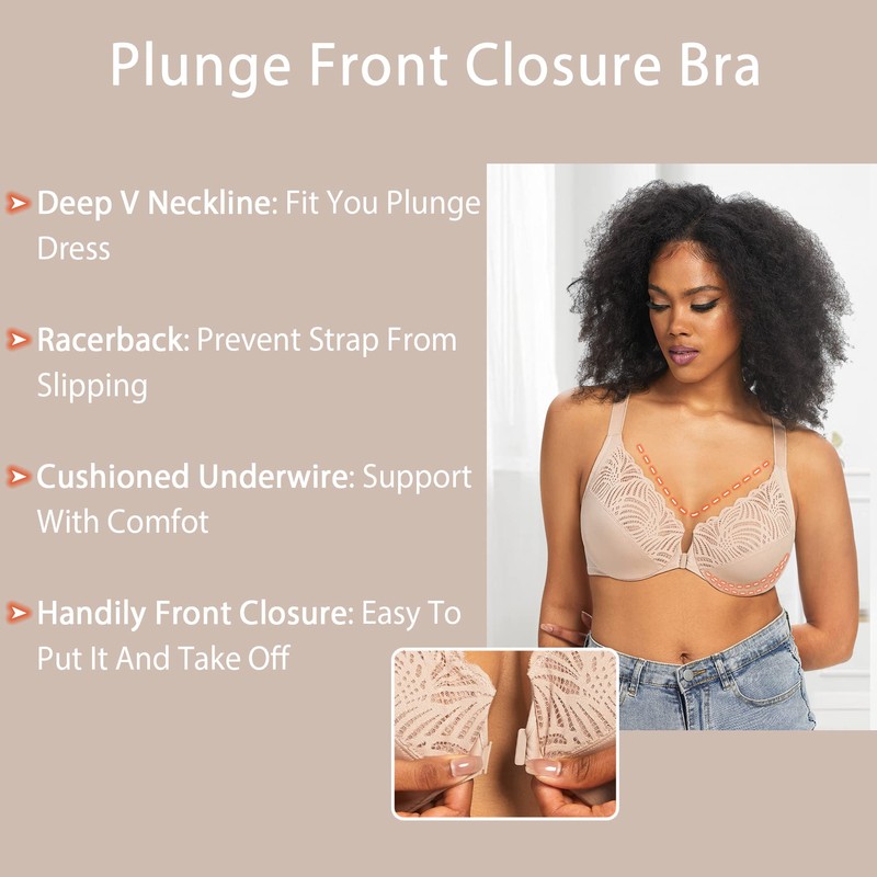 HACI Women's Front Closure Bra Racerback Plus Size Underwire T-Back