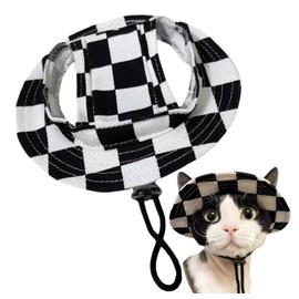 BT Bear Dog Bucket Hats, Cotton Casual Dog Round Cap with Ear Hole, Adjustable Outdoor Travel Sun Protection Sport Hat for Cat Small Medium Dogs Black Checkered L