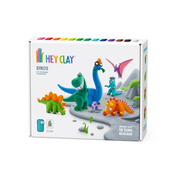 Hey Clay E73363 Dinos Set-Colourful Modeling Kids-Air Dry Clay Kit 15 cans and Sculpting Tools with Fun Interactive Instructions App, Multicoloured