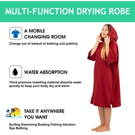 ALLEN & MATE Adult Changing Robe - Quick Dry 100% Terry Cotton Beach Poncho Towel with Hood & Pockets - Ideal for Men & Women (Wine Red)