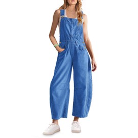 ReachMe Womens Barrel Overalls Casual Loose Denim Jumpsuits Y2k Baggy Jeans Wide Leg Bib Pants Romper with Pockets(Denim Blue,S)