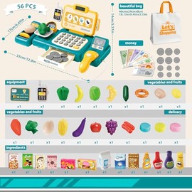 56PCS Caja registradora Juguetes para niñas Juegos de imaginación Supermercado Tienda Juguetes Caja Escáner Juguetes con Sonidos y Juegue Comida, Dine