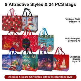 Gloonity 24 Pack Christmas Gift Bags Extra Large, Reusable Tote Bags with Handle, Premium Non-Wove Gift Bags for Christmas Gifts, Holiday Travel, Shopping, Xmas Party Favor Supplies, 16.9*12.8*7.1"