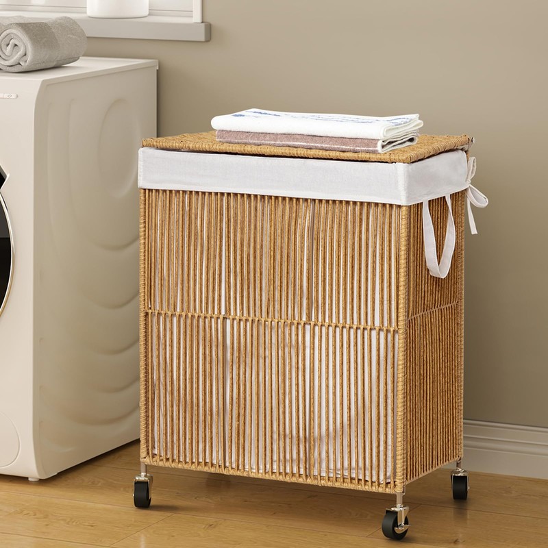 WOWLIVE Laundry Hamper with Wheels, Handwoven Rolling Laundry Basket with
