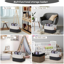 COMFY-HOMI Cotton Rope Woven Basket with Handles for Shelves,Toys,Book, Cloth Storage Baskets Bin for Organizing-13.5"x11"x9.5" Toy Decorative Organizer for Living Room, Bathroom-White/Dark Grey