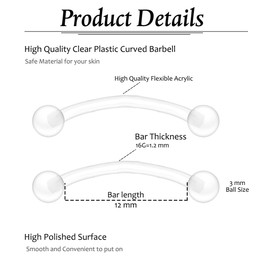 Besyvvin Plastic Curved Barbells 1.2 mm Piercing Lip Vertical Labret Septum Eyebrow Rook 6/8/10/12 mm Flexible Plastic, Plastic