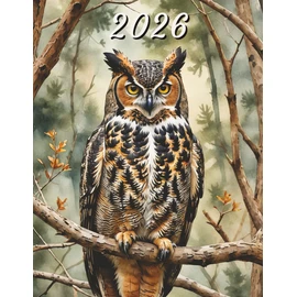 2026: Large Monthly Calendar Planner – Watercolor Great Horned Owl Bird