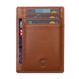 ALLEN & MATE Leather Card Holder Slim Wallet, RFID Blocking Minimalist Wallet Credit Card Holder, Holds Cards and Bank Notes (Tan Edition)