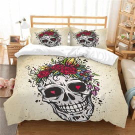 CIUNVXD Adult Rose Skull Bedding Set, Fire Skulls, Skulls, Black White Skull Duvet Cover with 2 Pillowcases 50 x 75 cm (C, 135 x 200 cm)