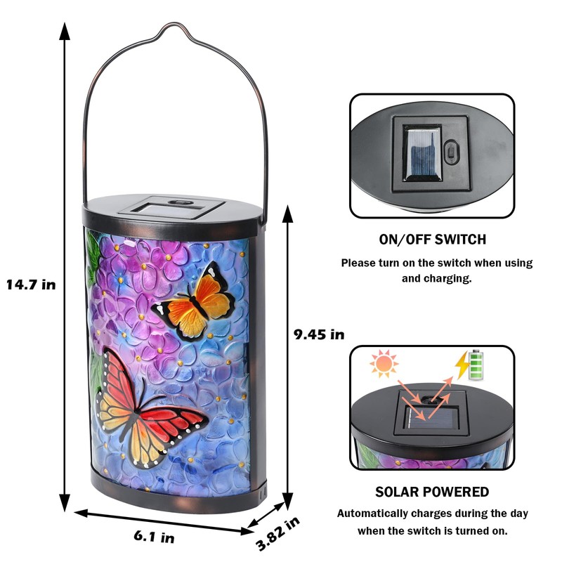 Afirst Solar Lantern Outdoor Hanging Glass Butterfly Solar Lights Waterproof