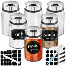 Segarty Spice Jars with Labels, 6 Pack 5 oz Glass Spice Jars with Lids, Spice Bottles Set with 136 Stickers, 1 Chalk Marker, 1 Brush, Salt and Pepper Shakers with Ajustable Holes for Seasoning Storage