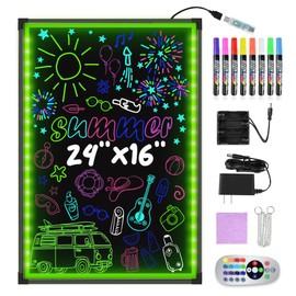 Hosim LED Message Writing Board 24" x 16", Illuminated Erasable Neon Restaurant Menu Sign Board with 8 Colors Markers, 16 Lighting Colors Light Up DIY Message Chalkboard for Christmas Display