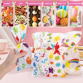 Bighan 100 PCS Candy Bags, Treat Bags 4 Styles with Rainbow Patten Plastic Candy Cookie Goodies Gift Bags with Ties for Christmas Birthday Wedding Party