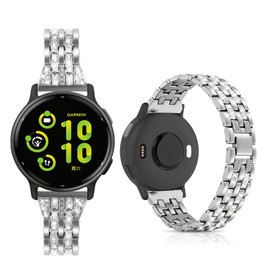 HQzon 20mm Bling Metal Compatible with Garmin Vivoactive 6 Watch Bands/5/3/3 Music/Venu Sq 2/Forerunner 55/165/245/645,Metal Rhinestone Bling Bracelet Wristband for Women Men