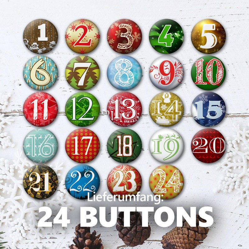 24 Advent Calendar Buttons: Colourful, Numbered Badges (Diameter 25 mm)