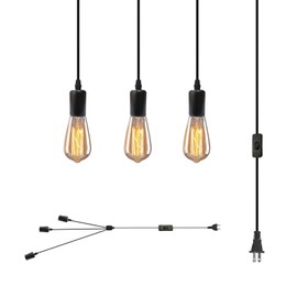 DTIEDY 3 Light Plug in Pendant Light, 10ft Black Hanging Lights Cord with On/Off Switch, E26 Vintage Industrial Hanging Lamp Fixtures for Kitchen Island Farmhouse, Bulb Not Included