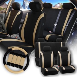 FH Group Car Seat Covers Cosmopolitan Flat Cloth Full Set Seat Covers, Car Accessories Blue Combo Steering Wheel Cover and Seat Belt Pads Airbag and Split Rear Universal Fit for Cars Vans Truck