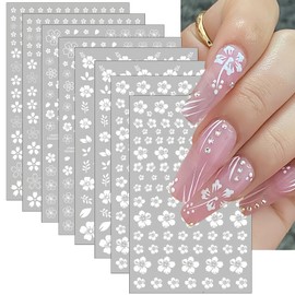 8 Sheets Flower Nail Art Stickers White Flower Nail Decals 3D Self-Adhesive White Cherry Blossoms Nail Stickers with 5 Petals Floral Nail Design Nail Supplies Nail Decor Accessories for Women Girls