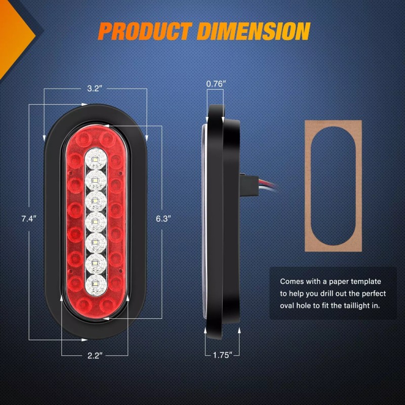 Nilight 2PCS 6Inch Oval LED Trailer Tail Lights Red White