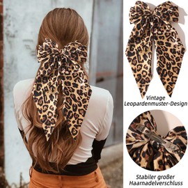 BAISEN Hair Bow Clips - Satin Hair Bow with Leopard Print, Large, Long Tail Bow, Hair Clip Hair Band with Metal Clips, Ponytail Hair Clips Accessories (White + Red)
