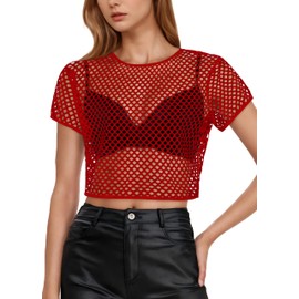 Womens Sheer Mesh Top Fishnet T Shirts Short Sleeve See Through Casual Crop Tops(Red,S)