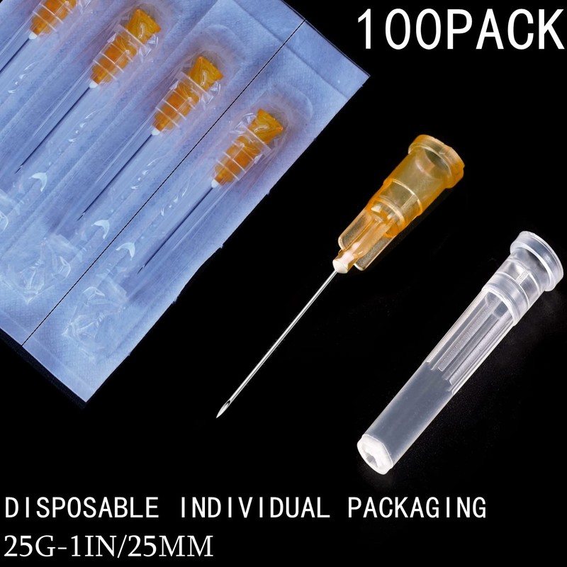 100Pack 25Ga 1Inch/25mm with Cap Dispensing Needla Accessories Disposable Lab
