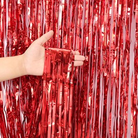 June tech 2pcs 3.28ft x 6.56ft Metallic Tinsel Curtains Curtain Door Curtains Hanging Streamers Glitter Aluminum Foil Birthday Party Backdrop Streamers Decorations (Red)