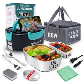 ambrint Electric Heated Lunch Box 80W Loncheras Para Hombres De Trabajo Self Heating Lunch Box 12/24/110/220V for Car/Truck/Work 1.5L 304 Leak Proof Stainless Steel Container, Soap, Fork, Spoon & Bag