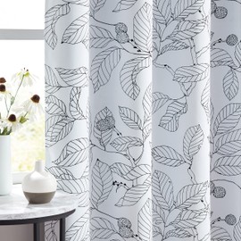 Xwincel 100% Blackout Curtains for Bedroom Black Leaf Pattern on White Curtains 96 Inches Long for Living Room Darkening Thermal Insulated Curtain Panels Botanical Print Grommet Window Drapes 2 Panels