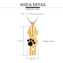 QGJNSGC Urn Necklace for Ashes for Dog/Cat Pet Paw Print Cylinder Ash Pendant Memorial Keepsake Pet Cremation Jewellery (Gold)
