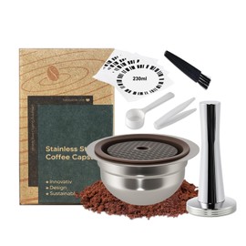 FOVNOT Reusable Ve-tuo Capsules Refillable Coffee Pods Food Grade Silicone Lids Stainless Steel Coffee Capsule Compatiable with Nes-esso Ve-tuo Plus/Pop/Next Machines(230mL+41mm Tamper)