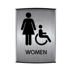 ALPHA DOG ADA SIGNS - Women's Bathroom Sign with Braille for Business, Curved Frame, ADA Compliant Restroom Sign, Indoor or Outdoor, Easy Installation, Made in the USA, Brushed