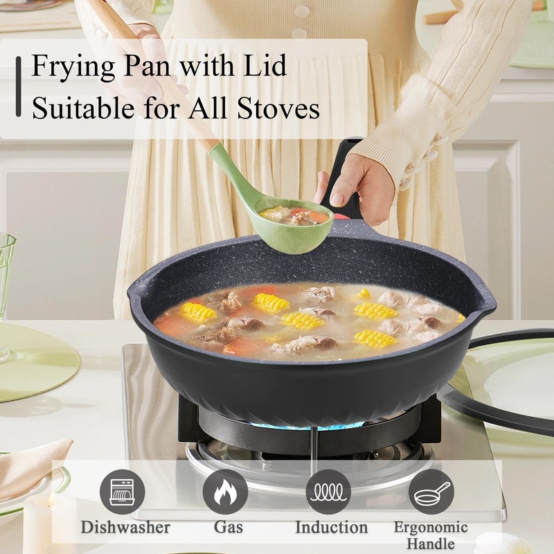 Vinchef Nonstick Skillet with Lid, 12.5In Aluminum Deep Frying/Saute Pan