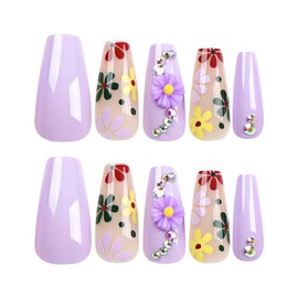 Purple Press on Nails, 24Pcs Long 3D Small Flowers Press on Nails with Design Press ons Colored Diamond Fake Nails Glue on Nails Tips for Women