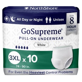 NorthShore GoSupreme Overnight Incontinence Underwear, 8-Hour Pullup Style, 3X-Large, 10 Count Bag, White, 74-90 inches, Unisex Adult Diapers