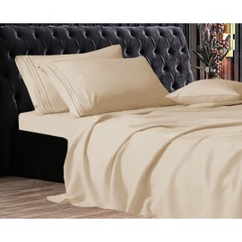 Elegant Comfort Luxe Quality Microfiber 3-Line Sheet Set Breathable, Buttery-Smooth Weave, 1500 Premium Hotel Quality, 4-Piece Sheet Set, Deep Pocket, Queen, Cream