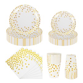 CEILIWEN 100PCS White and Gold Party Tableware Set, White and Gold Polka Dot Party Tableware Includes Plates, Napkins, Cups, White and Gold Party Decorations for Party, Serve for 25 Guests