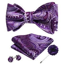 YOHOWA Purple Bow Ties for Men Self-tied Silk Bowtie with Lapel Pin Brooch and Handkerchief Cufflinks for Wedding Party Prom