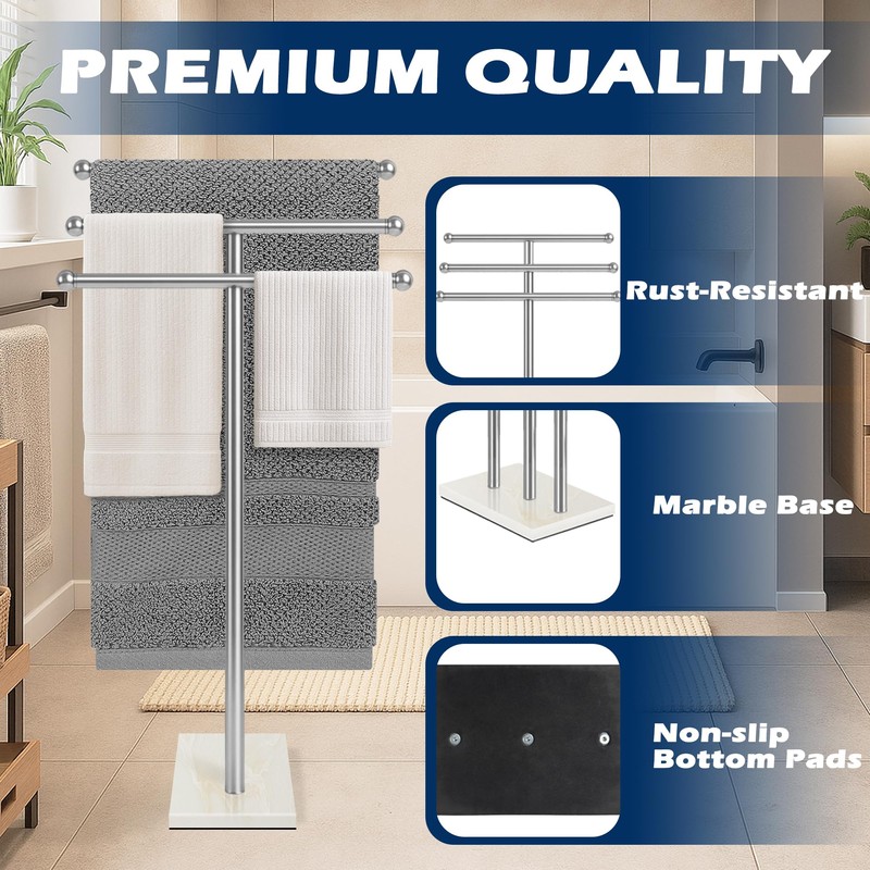 VERSSURE Marble Base Freestanding Towel Rack, 3-Tier Standing Towel Holder
