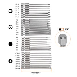 sourcing map 30pcs Screwdriver Bit Set 1/4" Hex Shank 4" Length Extra Long Magnetic Steel Drill Driver Kit with Slotted Cross Square Torx Bits