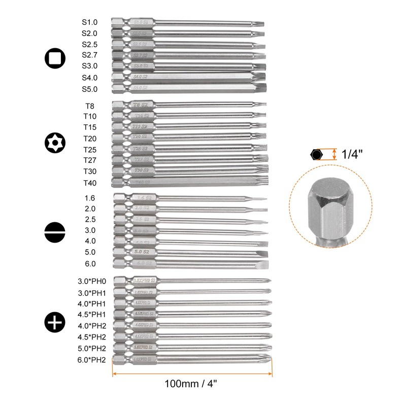 sourcing map 30pcs Screwdriver Bit Set 1/4" Hex Shank 4"