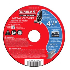 Diablo Type 1 Steel Demon Metal Cut - Off Disc - 4-1/2" Diameter, 7/8" Arbor, 1 Hub Type, 0.045" Thickness, 13280 Max RPM - DBDS45045101F