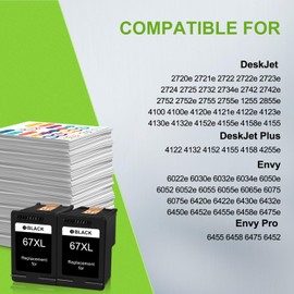 67XL Black Ink Cartridges Replacement for HP 67 67XL Ink High Yield Work for Envy 6052 6055e 6055 6075 Envy Pro 6455e 6455 6475 6452 6458 DeskJet 2755 4155 2755e Printer (2 Black)