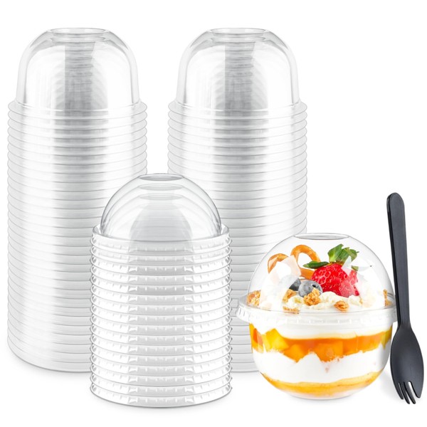 Zezzxu 50 Pack 9 oz Plastic Dessert Cups with Dome Lids (No Hole) and Sporks, Disposable Snack Cups for Fruits, Ice Creams, Cake, Yogurt Parfait, Pudding and Jello
