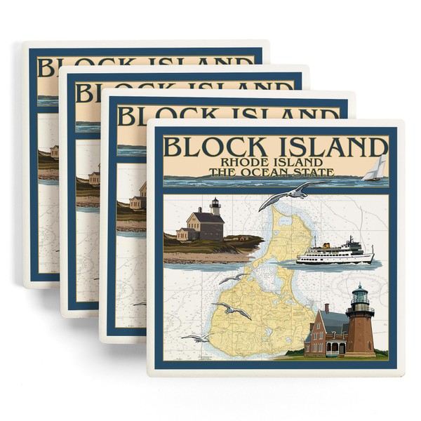 Block Island, Rhode Island, Nautical Chart with Ferry (Absorbent Ceramic