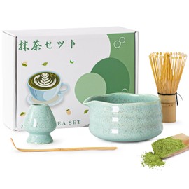 4Pcs Matcha Whisk Set， Matcha Set with Bamboo Matcha Whisk, Ceramic Bowl, Scoop & Holder，Complete Matcha Kit with Giftbox Packing Gift for Matcha Lover