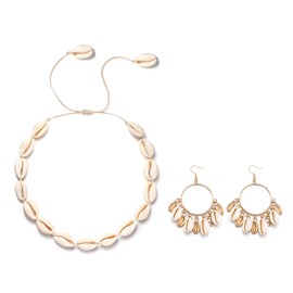 Ever Faith Shell Choker Necklace for Women, Boho Handmade Puka Shell Cowrie Seashell Statement Necklaces with Earrings Hawaiian Style Summer Jewellery for Holiday with Adjustable Beige Braided Rope